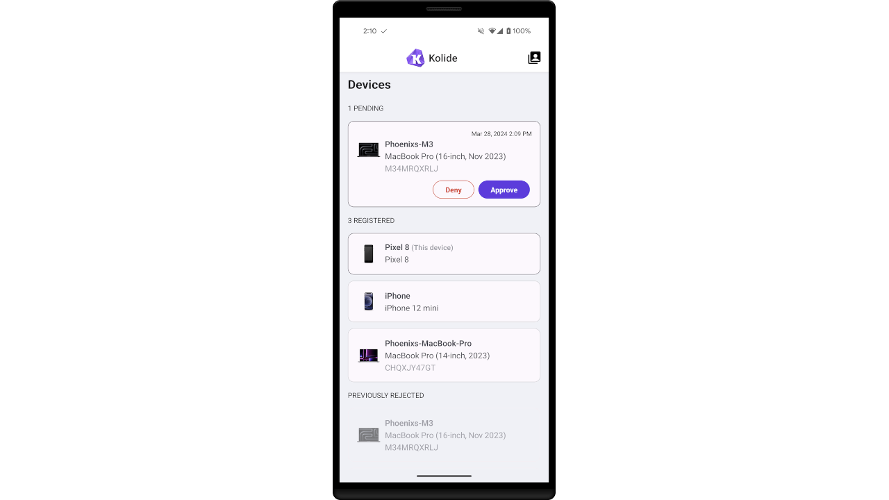 A screenshot of the Kolide Mobile app with a pending device request at the top of the list. The pending device list item has approve and deny buttons.