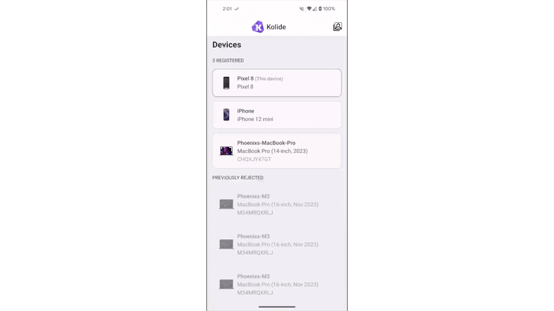 A gif of the Kolide Mobile app device list. A device in the list is tapped and a dialog opens from the bottom of the screen. The dialog contains a device image, recent authentication information, and an unregister button. The dialog then closes
