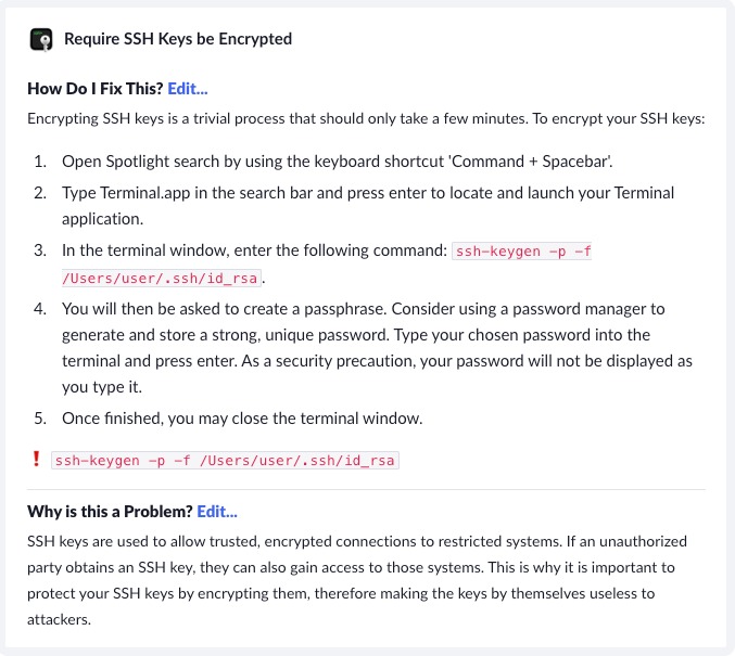 Kolide's Slack App message notifying of an issue.