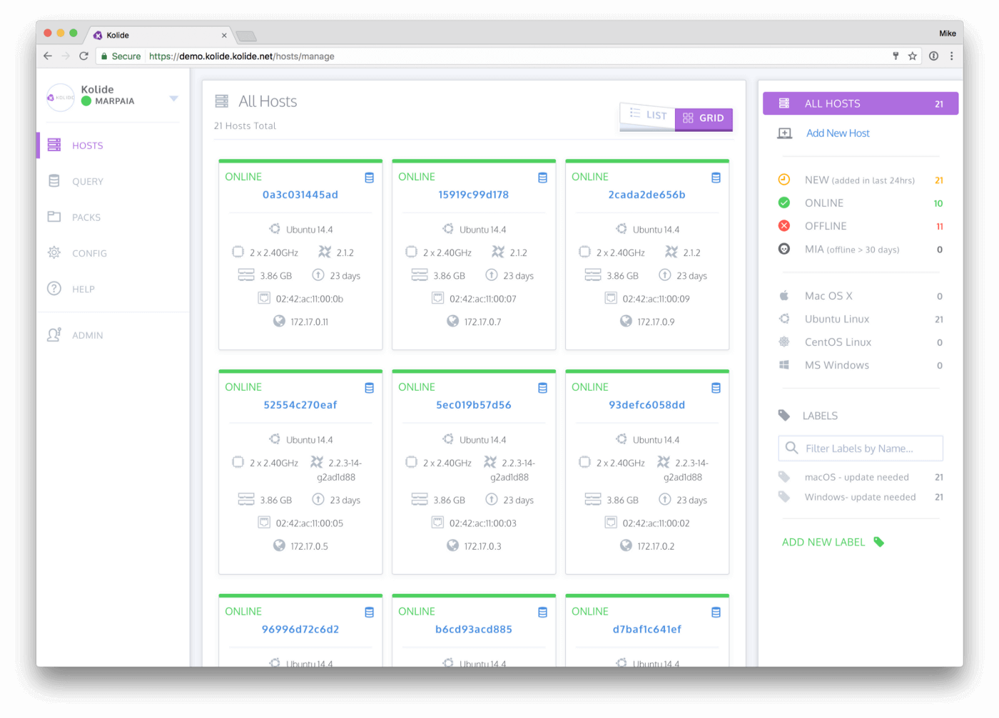 A screenshot of Kolide Fleet showing the Hosts grid view