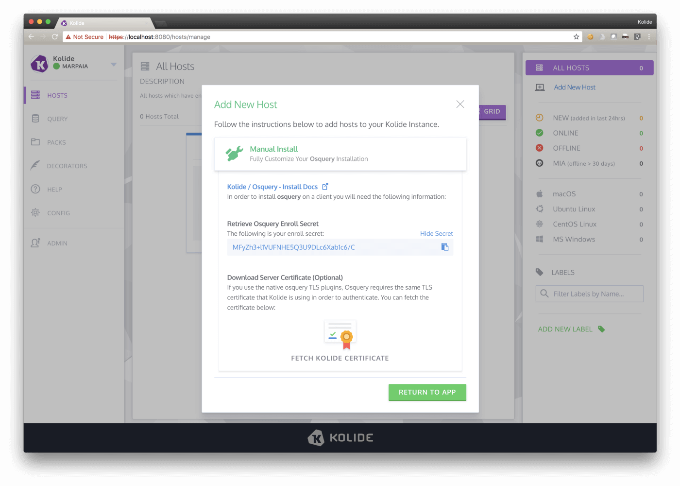 A screenshot of Kolides' add new host screen.