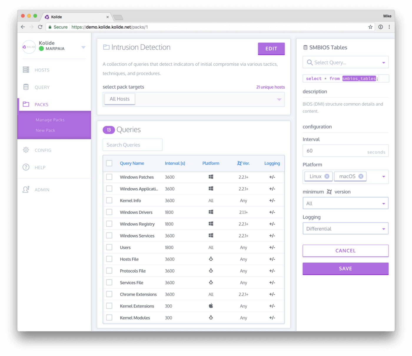 A screenshot of Kolide Fleet showing the Query Pack feature
