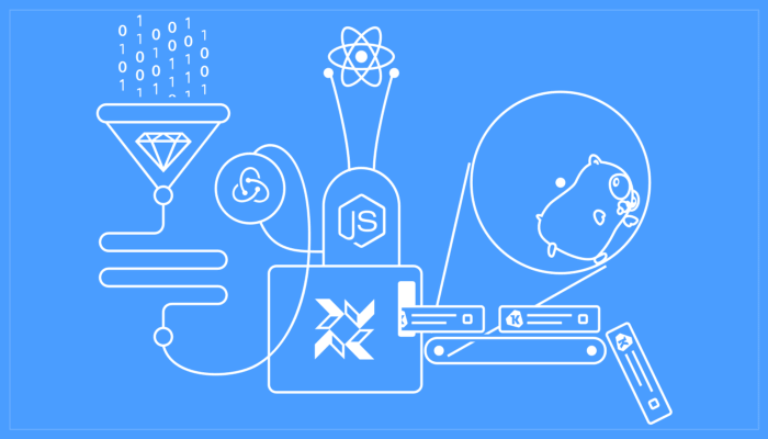 An artistic styled diagram showing a conveyer belt producing kolide hardware components being powered by the Go Gopher on a hamster wheel, with the ruby, react, javascript, and osquery logos acting as components going into this machine