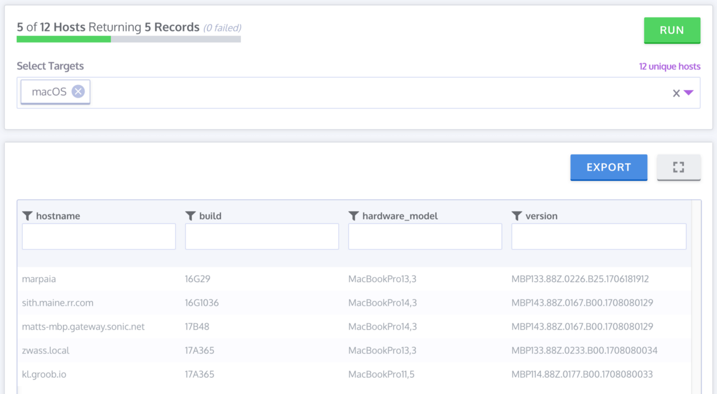 An image showing the online host records in a table format with the headers of hostname, build, hardware_model, and version