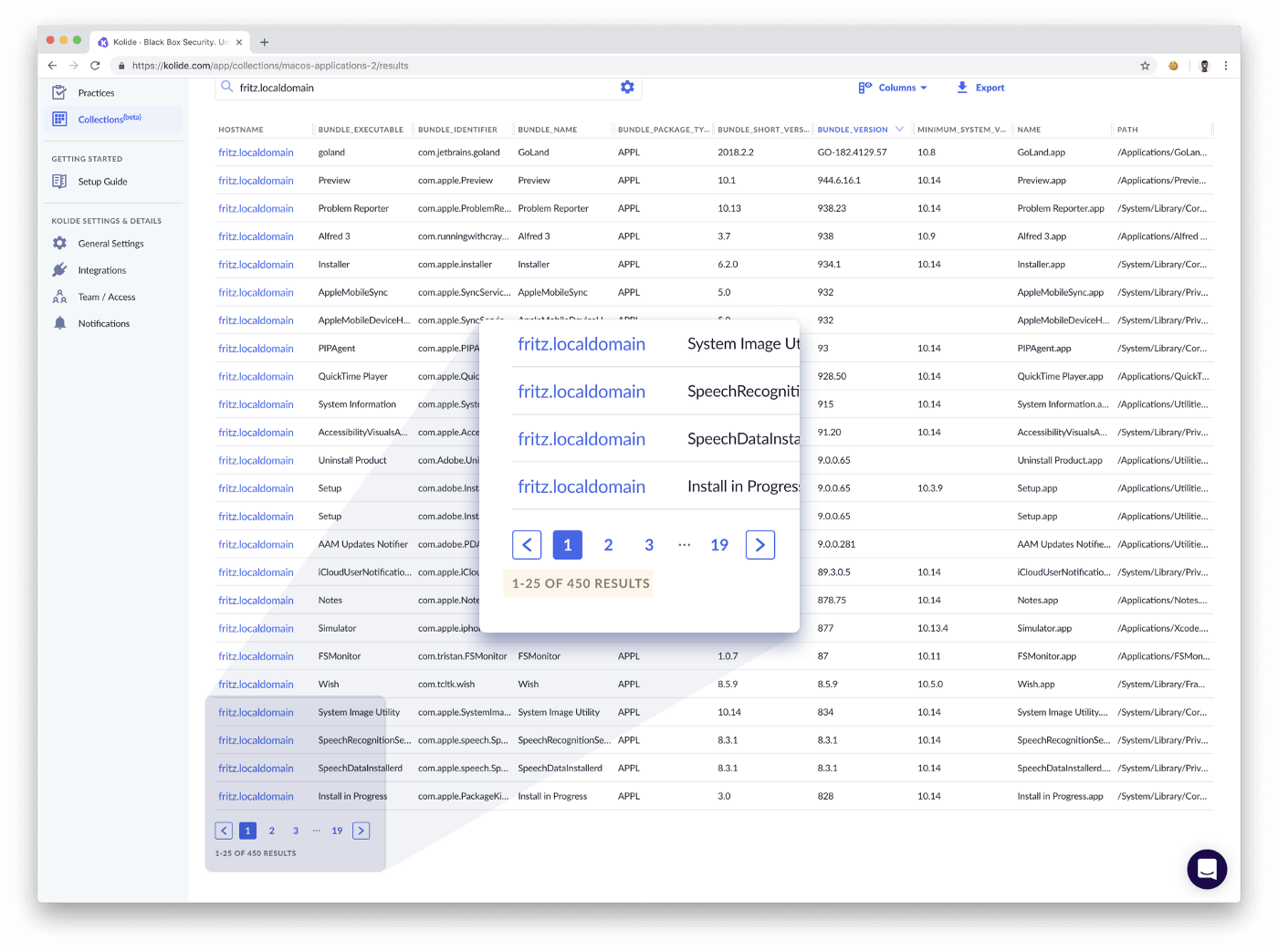 a screenshot of the applications on a device shown in the kolide web application