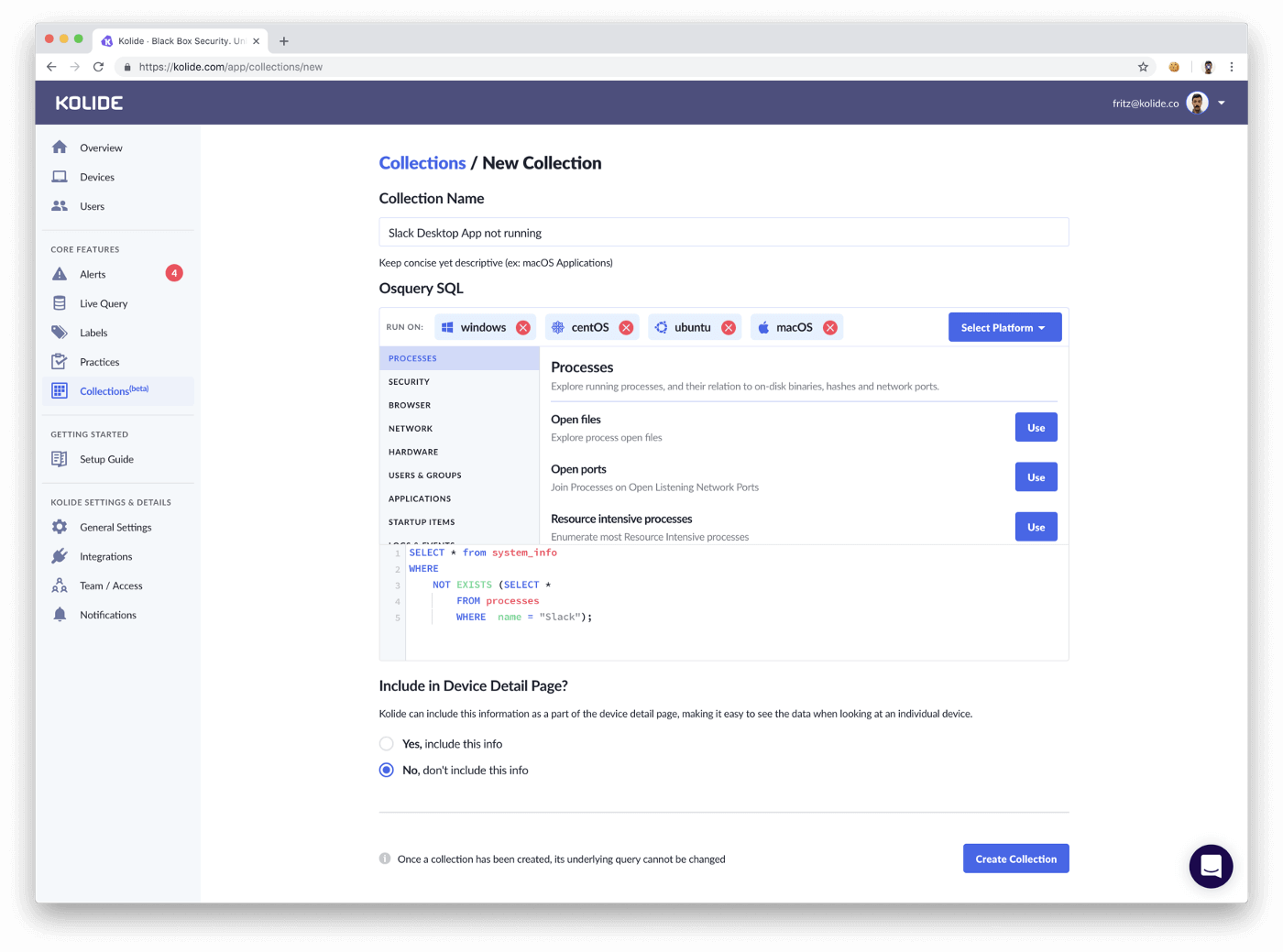 a screenshot of a new collection creation in the kolide web app