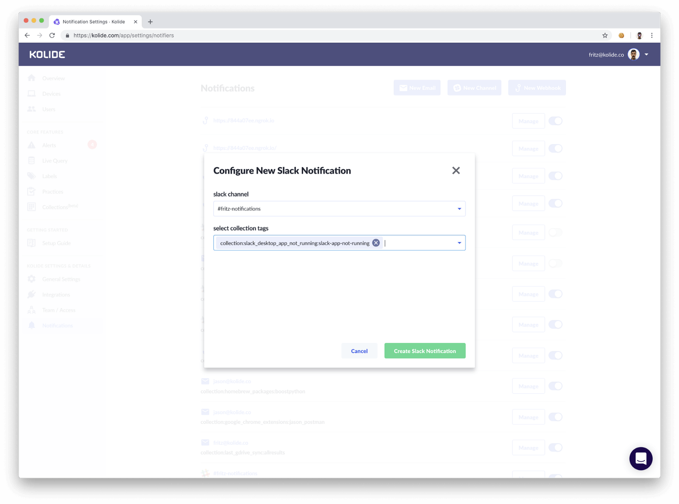 a screenshot showing slack notification configuration in the kolide web app
