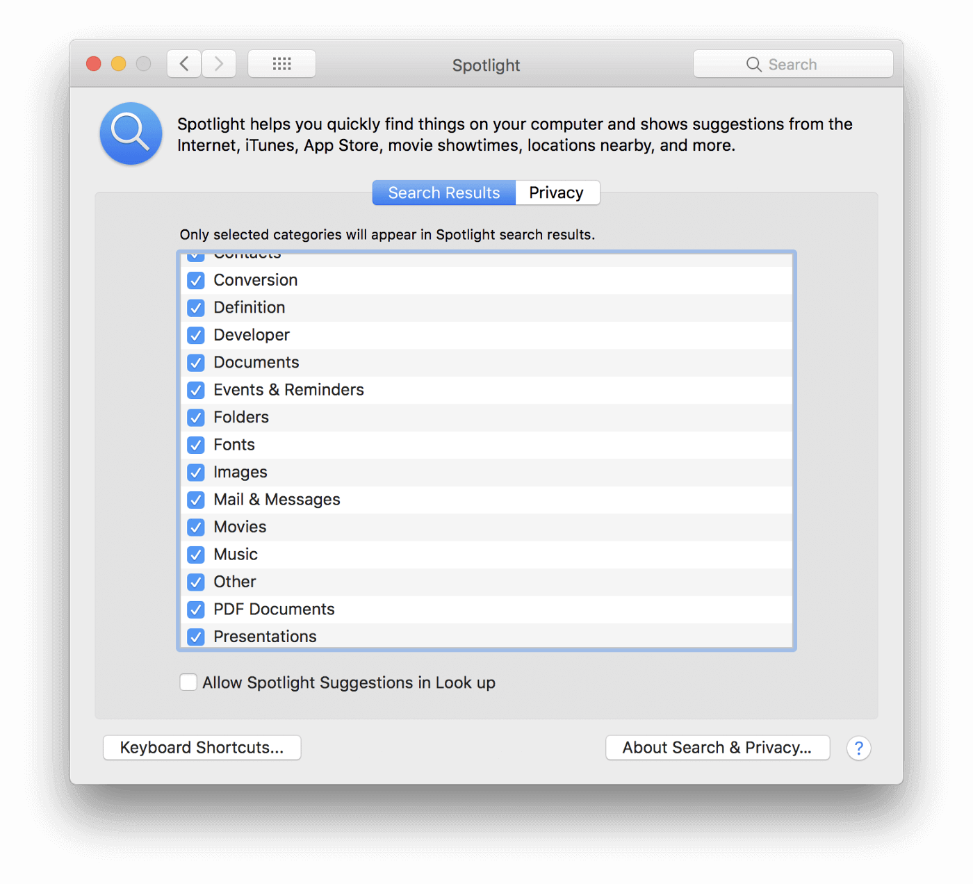 a screenshot of Spotlight Item Index Preferences