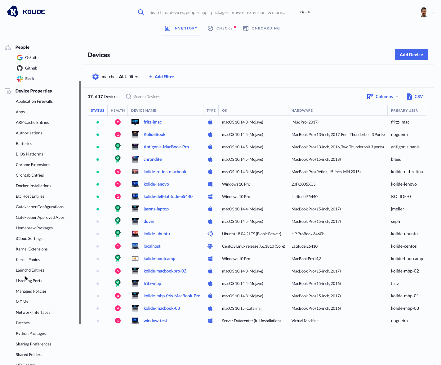 A gif walking through how to find the listening ports in Kolide's Iventory feature.