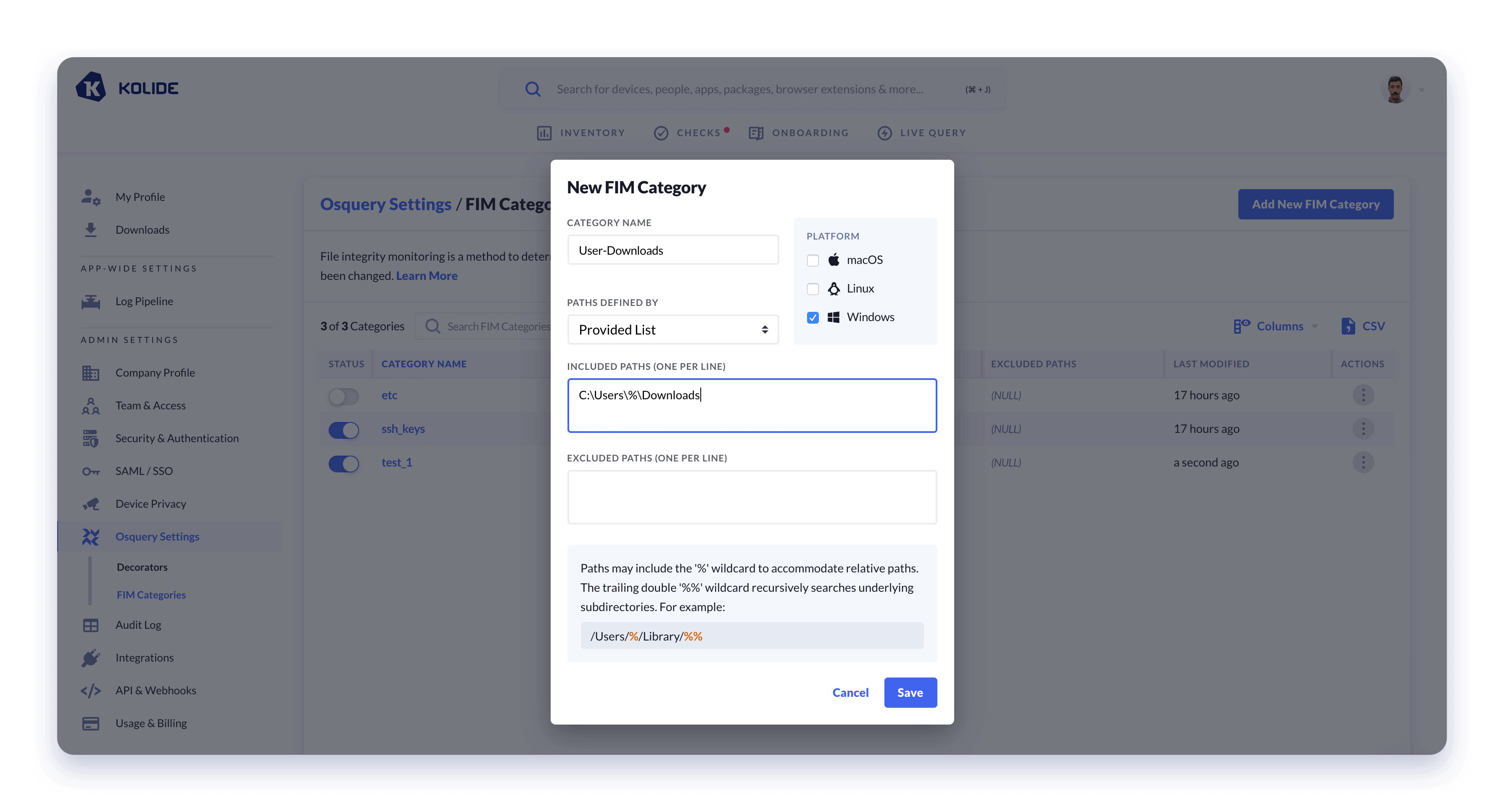 A screenshot displaying the window that is presented when creating a new FIM category.