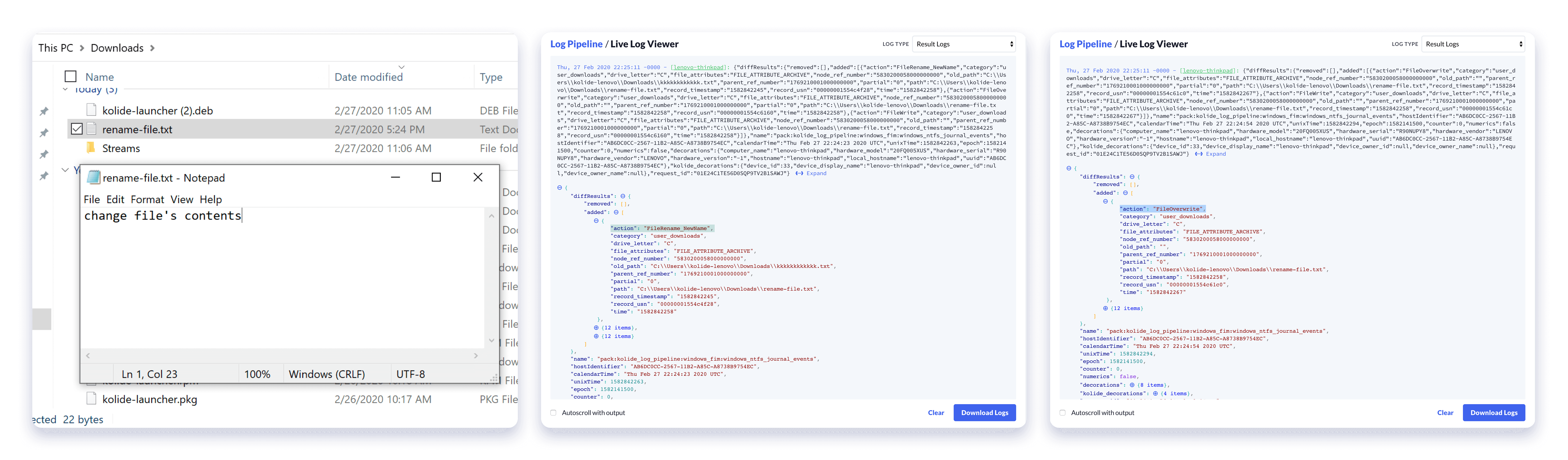 A screenshot displaying the Kolide live viewer after renaming and changing the contents of a file.