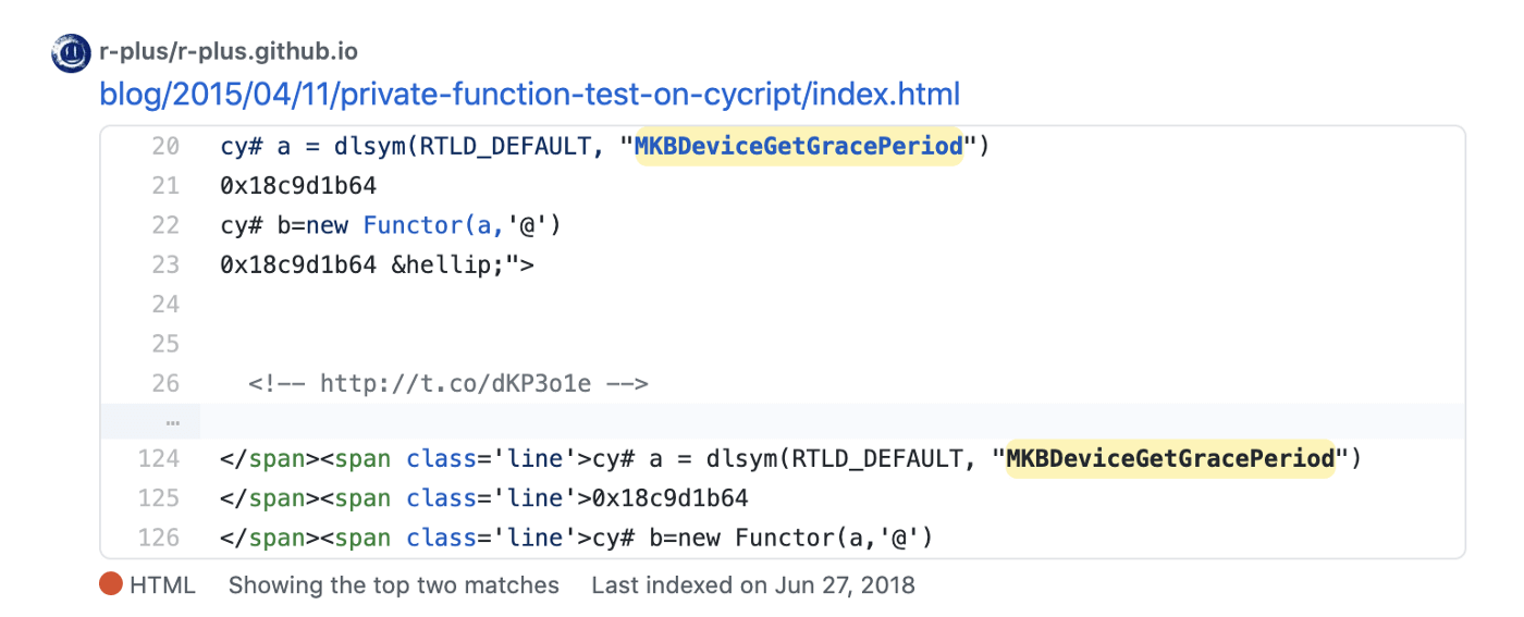 A cropped screenshot of Github.com showing the sourcecode of r-plus/r-plus.github.io with the function MKBDeviceGetGracePeriod highlighted