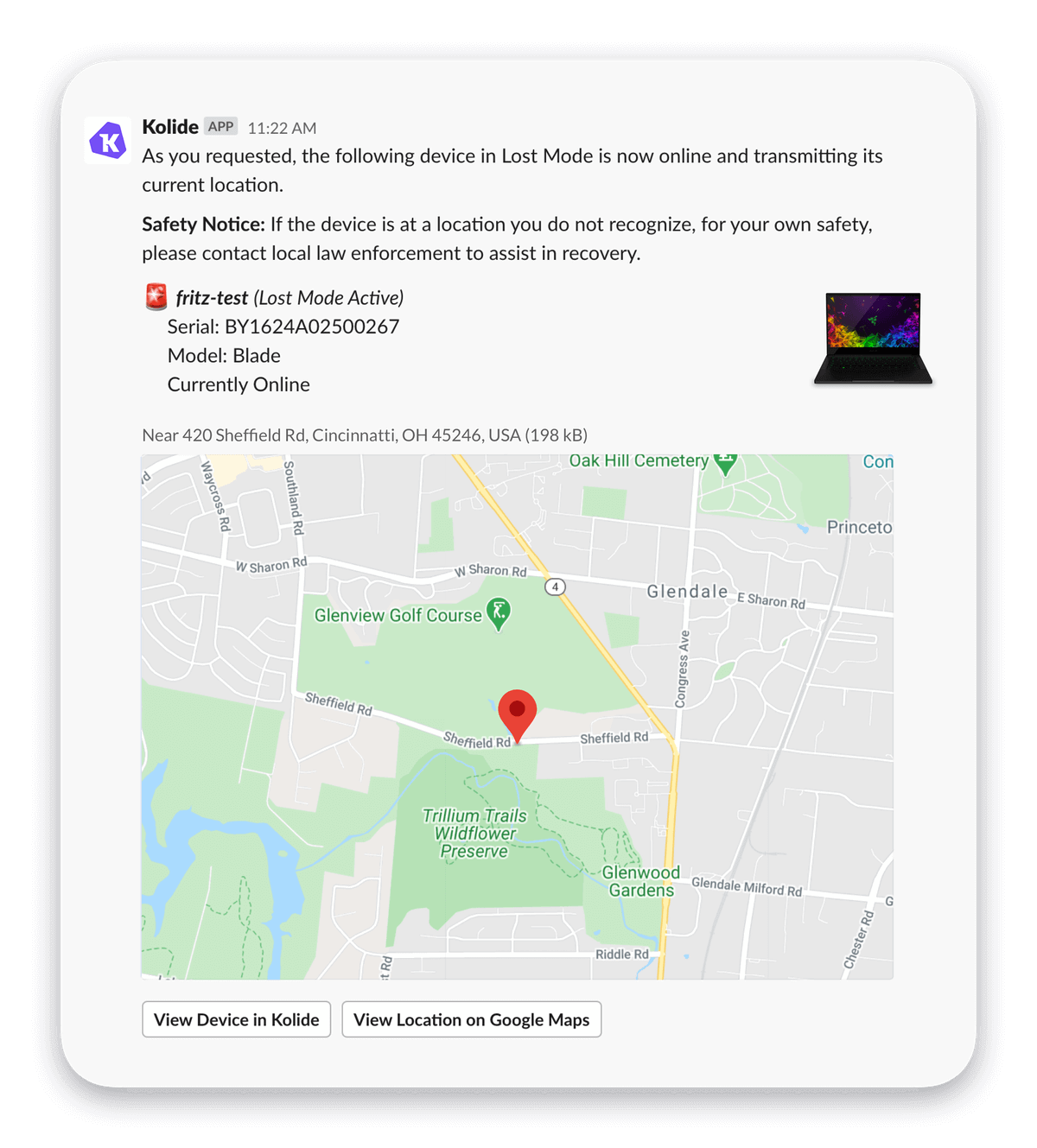 A cropped screenshot of a Kolide slack message that shows the current location of a Mac