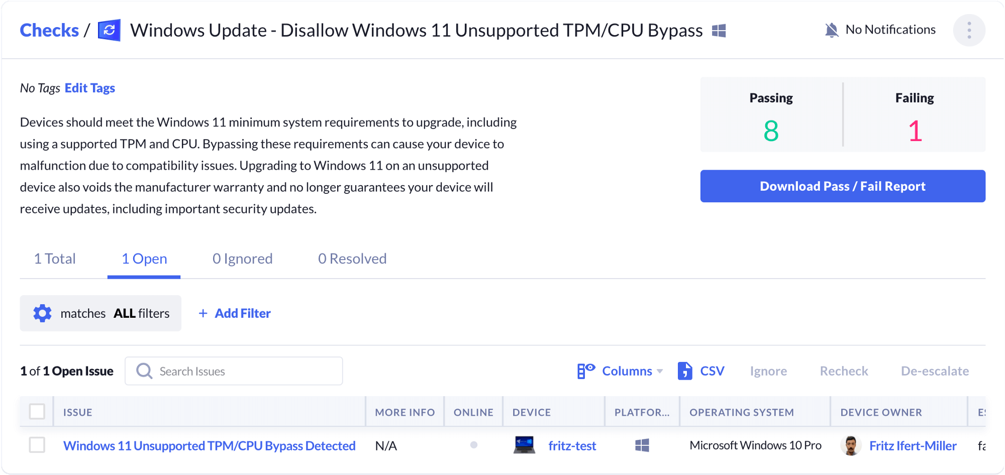 A screenshot of the Kolide check's UI showing the Windows 11 TPM/CPU Bypass Check"