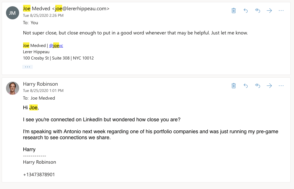 A partial screenshot of email conversation between Harry and Joe Medved of Lerer Hippeau. Harry asks if Joe is connected to Kolide's lead investor. Joe replies that they aren't super close, but close enough to put in a good word if he needs it.
