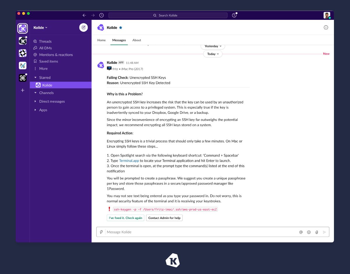 A screenshot of Kolide' Slack App displaying an issue notification.