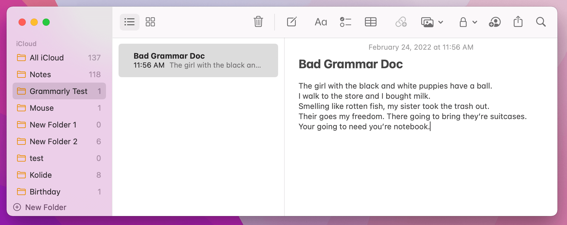 The Notes.app with various grammatically incorrect sentences.