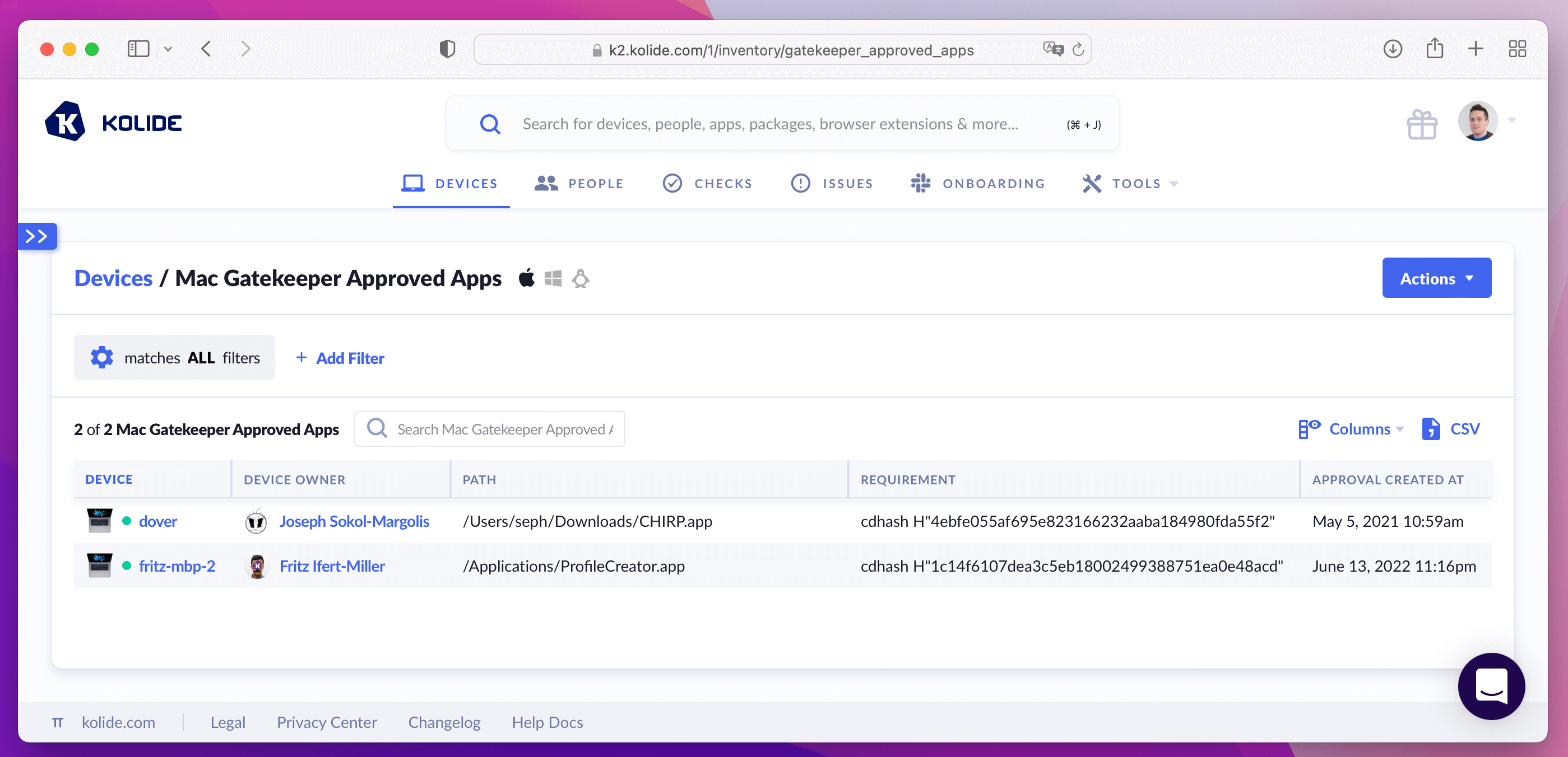 A screenshot of Kolide's Privacy Center listing questionable and unsigned software.