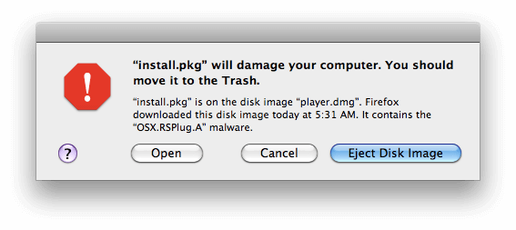 A screenshot showing a popup warning on XProtect when a downloaded package is known for malware.