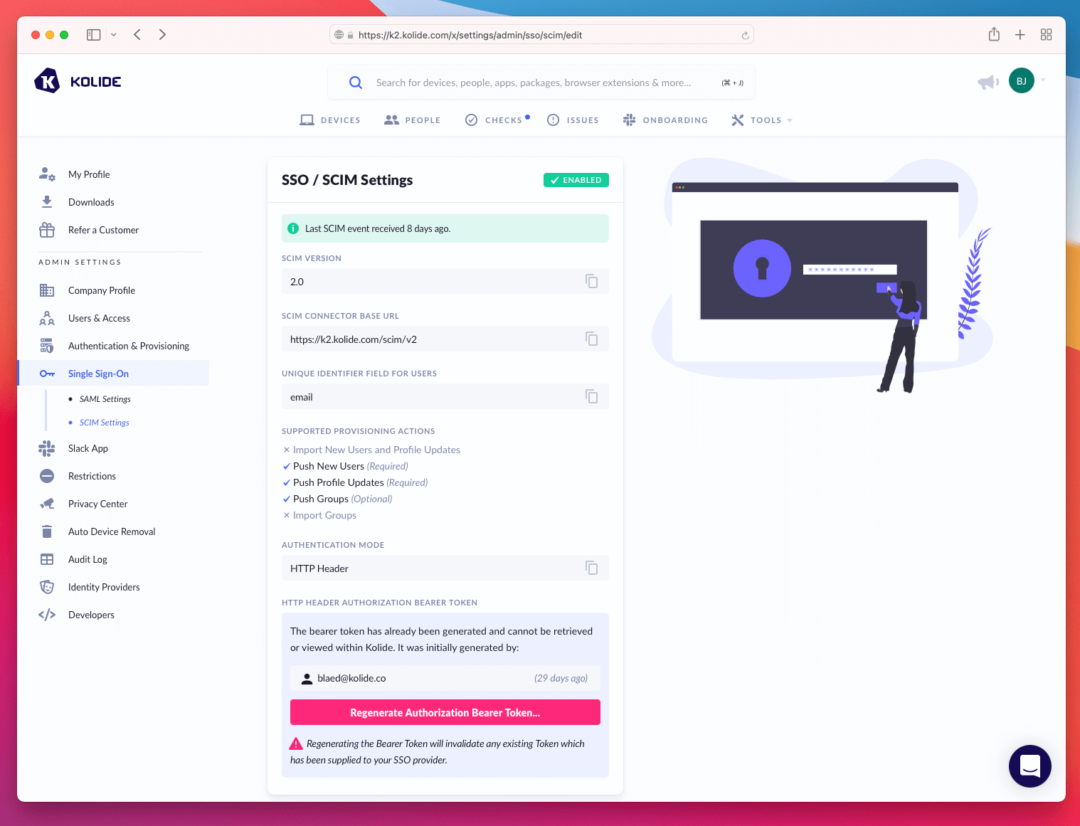 screenshot showing a fully configured and enabled SCIM integration in Kolide