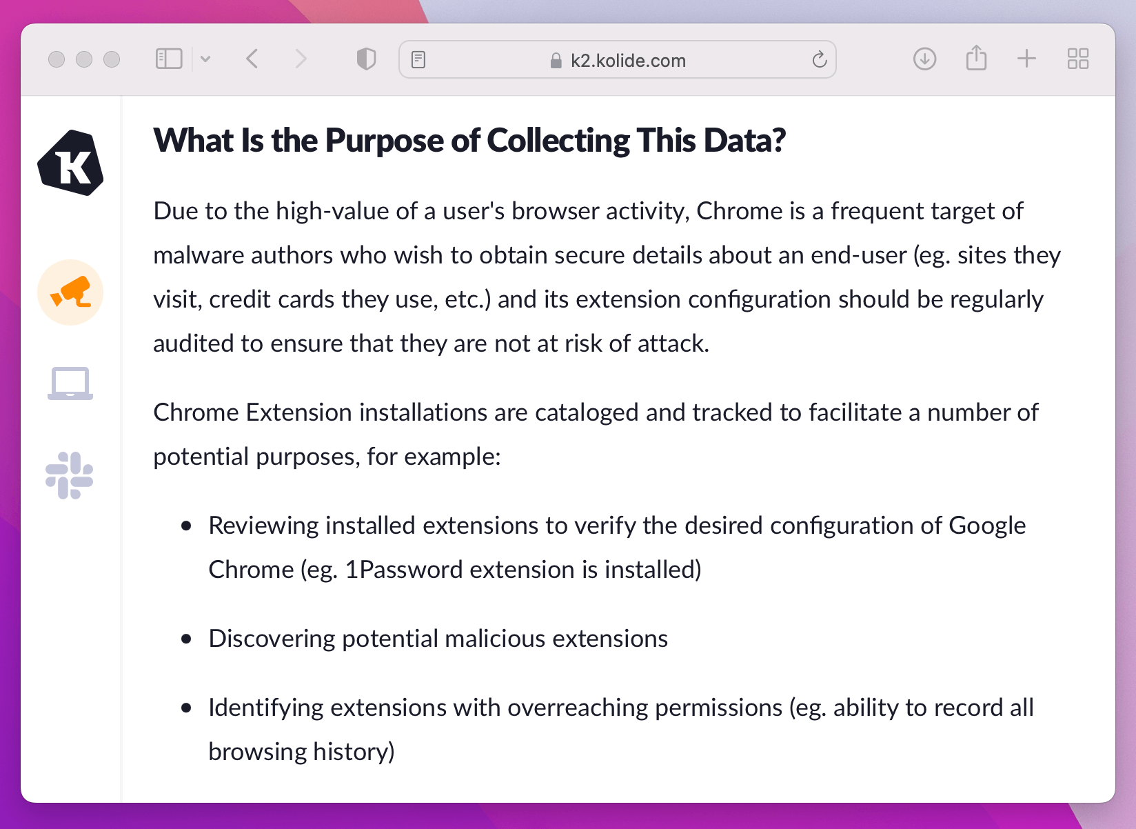 A screenshot of Kolide's privacy center explaining why we monitor Google Chrome extensions