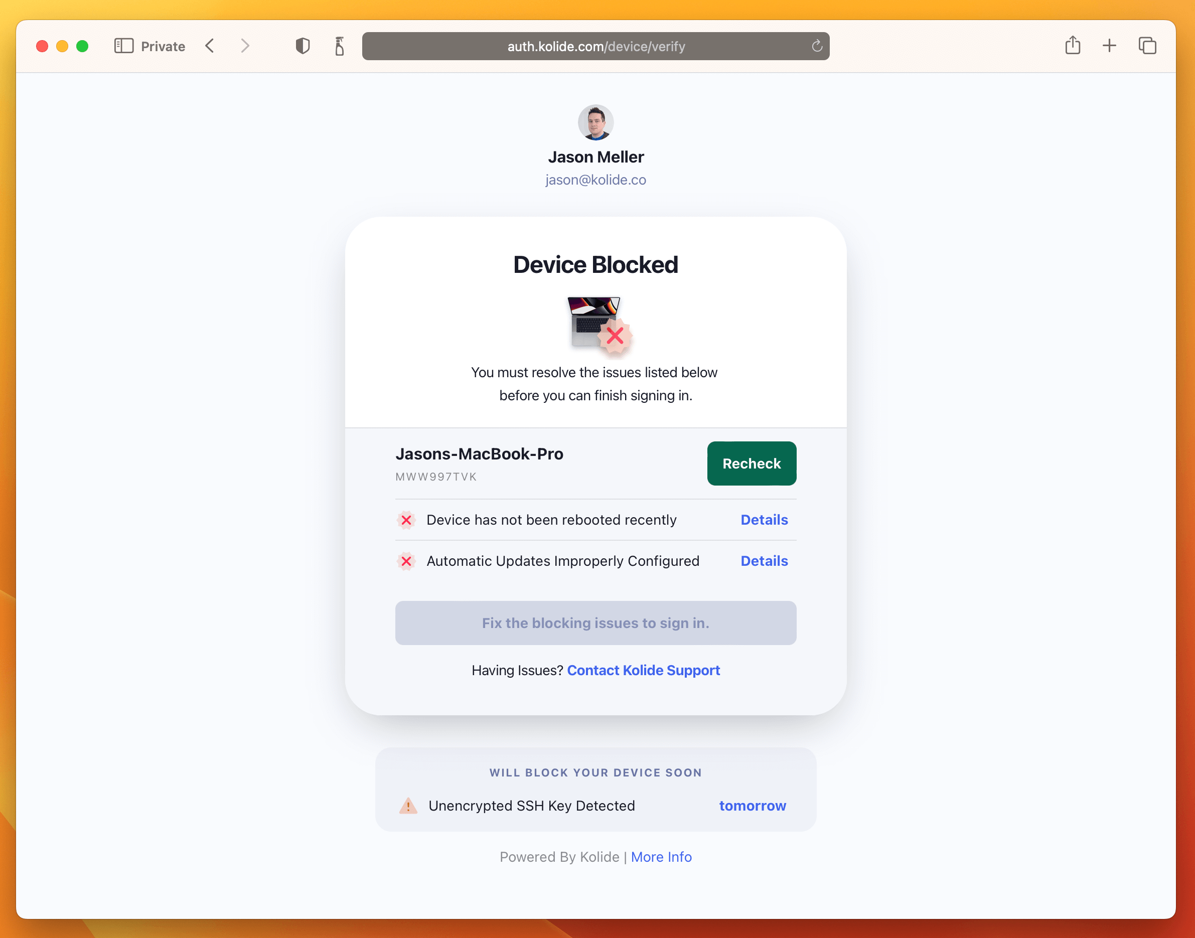 A product image showing how a macbook pro would be blocked from authentication due to their automatic updated being improperly configured as well for not being rebooted recently.